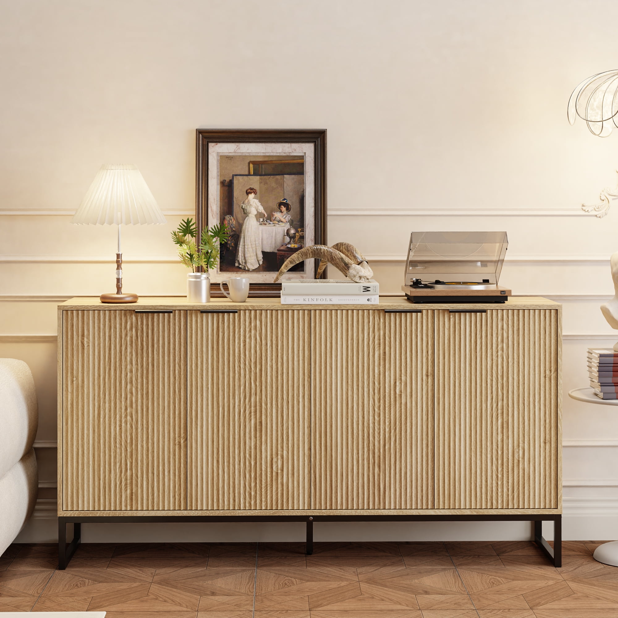 Fluted Accent Cabinet, Kitchen Sideboard Buffet Cabinet with 4 Fluted Doors