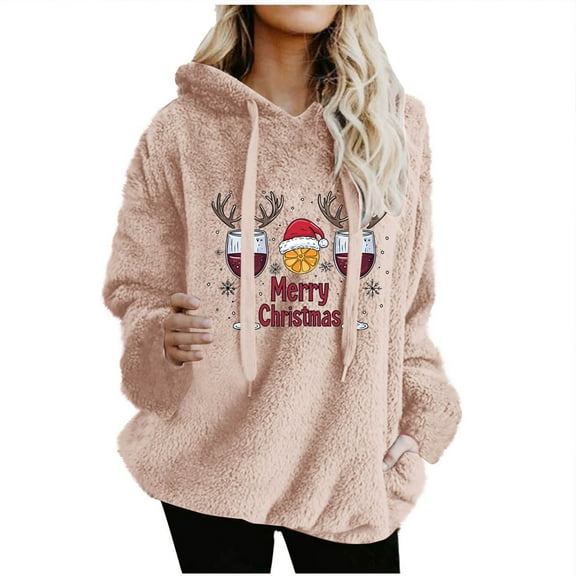 Women Christmas Sweatshirt Goblet Hoodie Merry Christmas Pullover Drawstring Shirts Festival Outfits Santa Claus Graphic Clothing Christmas Tree Sweatshirts Fashion Tops