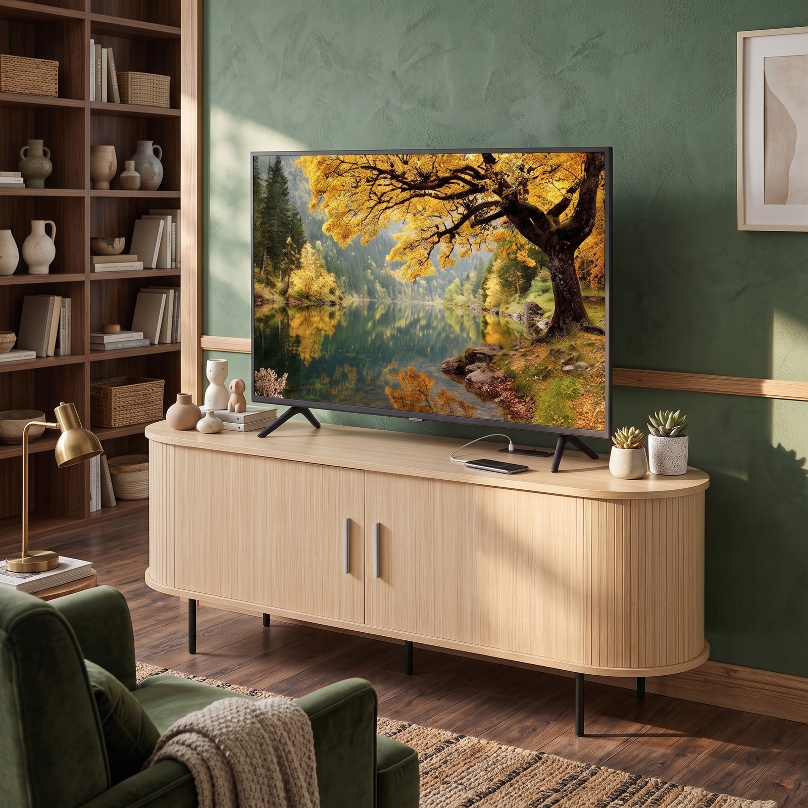 Furnibear Fluted TV Stand for TVs up to 60 Inch, Mid Century Modern Curved Entertainment Center with Open Storage Shelves, Wood Media Console Table for Living, Natural
