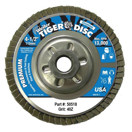UPC: 0012382505189 | Weiler 804-50518 4-1-2 Inch Tiger Abrasive Flap Disc 40Z 5-8-11A.H.