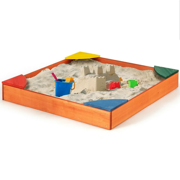 Gymax Kids Wooden Backyard Sandbox W/ Built-in Corner Seating