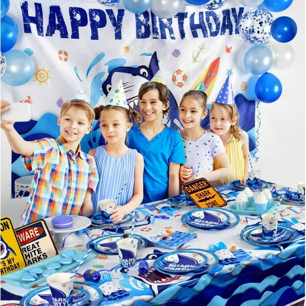 HTAIGUO Shark Birthday Party Decoration - Summer Pool Blue Ocean Party  Supplies Set for Boys Huge Backdrop Tablecloth Signs Utensils Plates Cups  Napkins Straws Balloons Cutlery Bag 16 Guests 174 PCS 