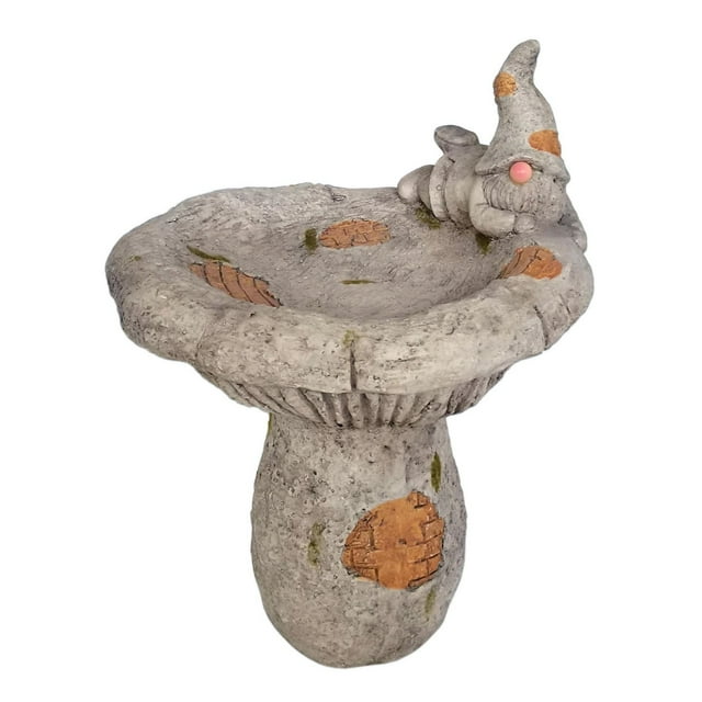 18.5-inch concrete birdbath featuring a reclining gnome with solar light and decorative leaf patterns