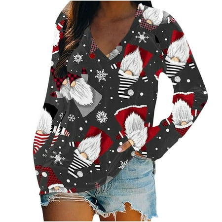 USSUMA Womens Tops - Womens Stretch Floral Print Tee Shirt Christmas Reindeer Floral Print Womens Casual Crewneck Sweatshirt Daily Striped Soft Casual Blouses for Women Fashion 2022