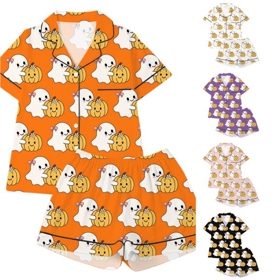 REDARER Girls 2 Piece Halloween Pajama Set Notch Collar Short Sleeve Button Top Matching Shorts Cute Bow Ghost Pumpkin Print Casual Home Sleep Loungewear Outfit,11-12 Years