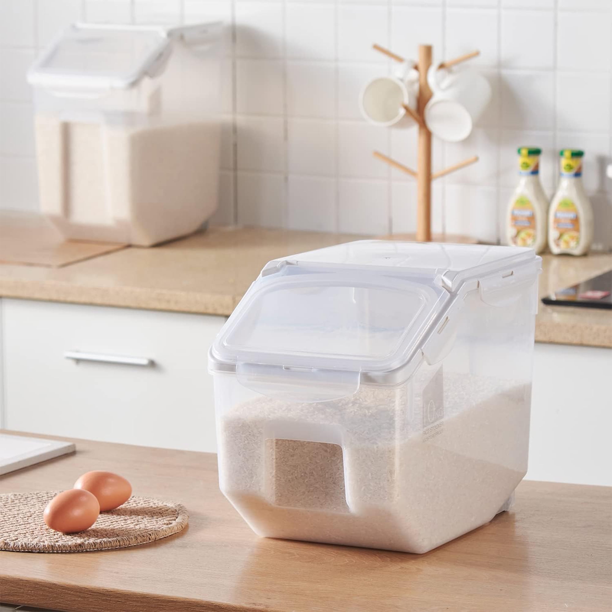 Sutowe Airtight Rice Storage Container with Lid Measuring Cup 10 lbs Reusable BPA Free Clear Rice Bucket, Size: 23.823, White