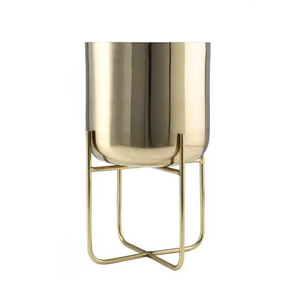 Serene Spaces Living Short Gold Planter with Detachable Metal Stand, Decorative Indoor Planter Pot, Flower Pots Stand for Living Room, Kitchen, Office, Measures 13" Tall and 7.25" Diameter