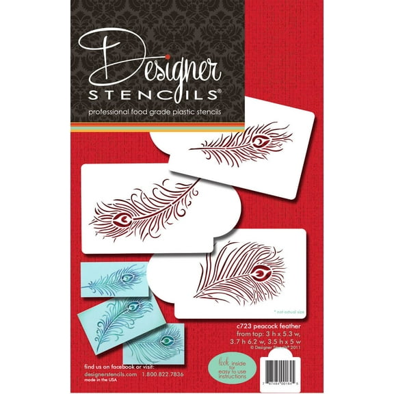 Designer Stencils Peacock Feather Cake Stencil Set, Beige/semi-transparent