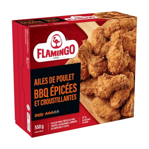 Flamingo Spicy Crispy Chicken wings parfry, Spicy and crispy chicken wings cut-up, seasoned, coasted with breadcrumbs and cooked. 17 % meat protein