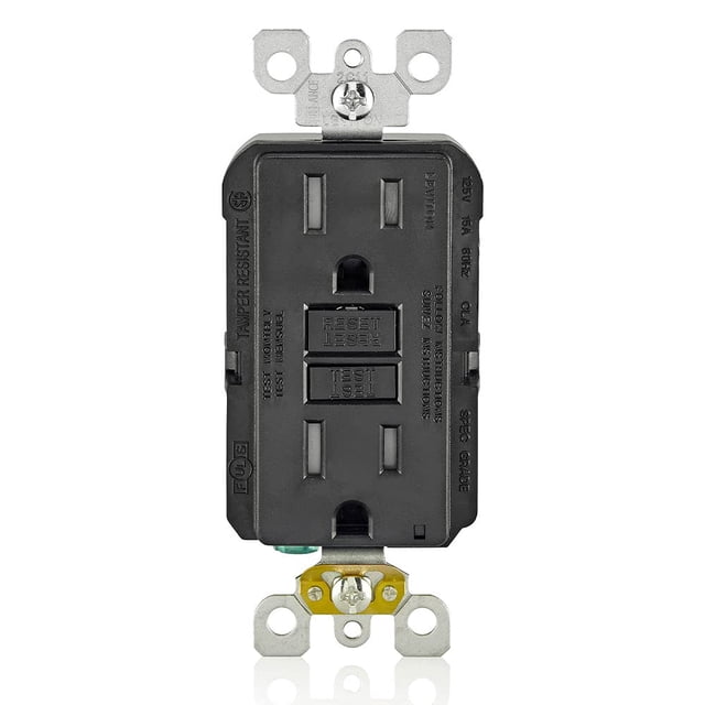 Salida GFCI Leviton de 15 amperios, autocomprobación, resistente a manipulaciones, color negro