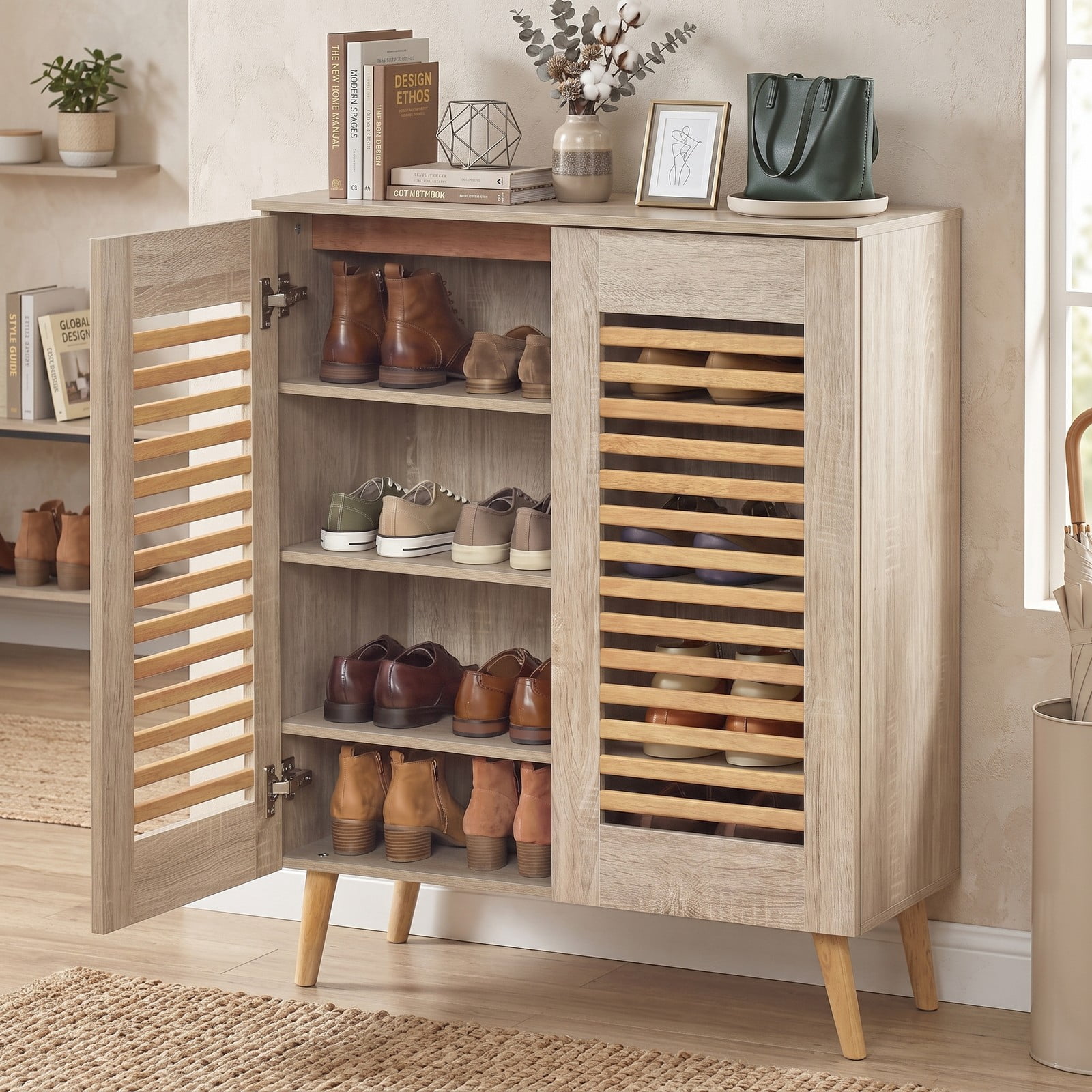 Furnibear Shoe Cabinet with Louvered Doors and 3 Removable Shelves for Entryway Closet and Hallway Shoe Storage Organizer, Natural