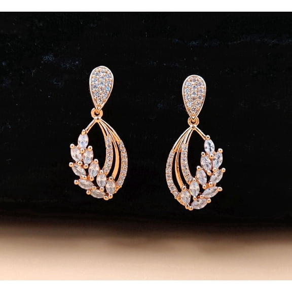 Gold-Plated Leaf Branch & Multi-Layer Open Teardrop Dangle Earrings with Cubic Zirconia, Bridal & Elegant Fashion Jewelry for Women