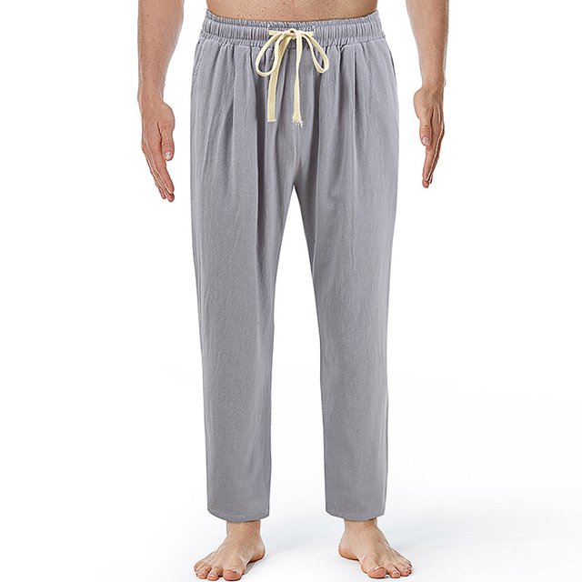 AherBiu Mens Linen Pants Drawstring Elastic Waisted Straight Leg Trousers Causal Loose Summer Fall Beach Pants