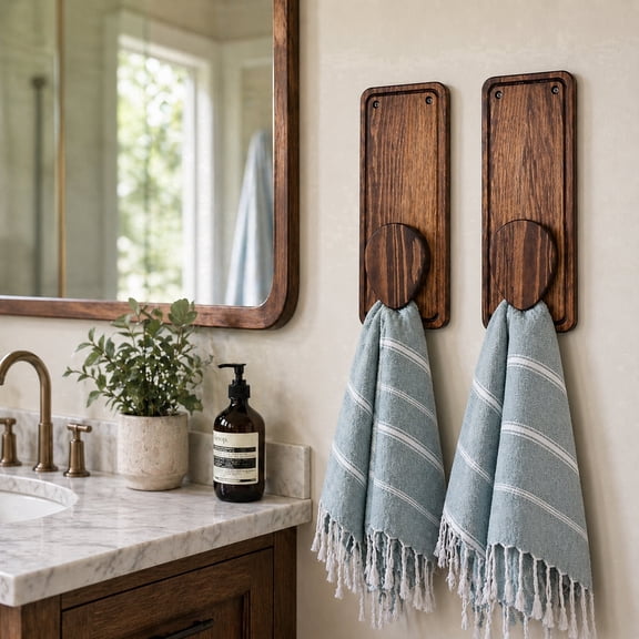 Magic Marble Wood Hand Towel Holder, Wall Mounted Towel Hooks Set of 2, Walnut
