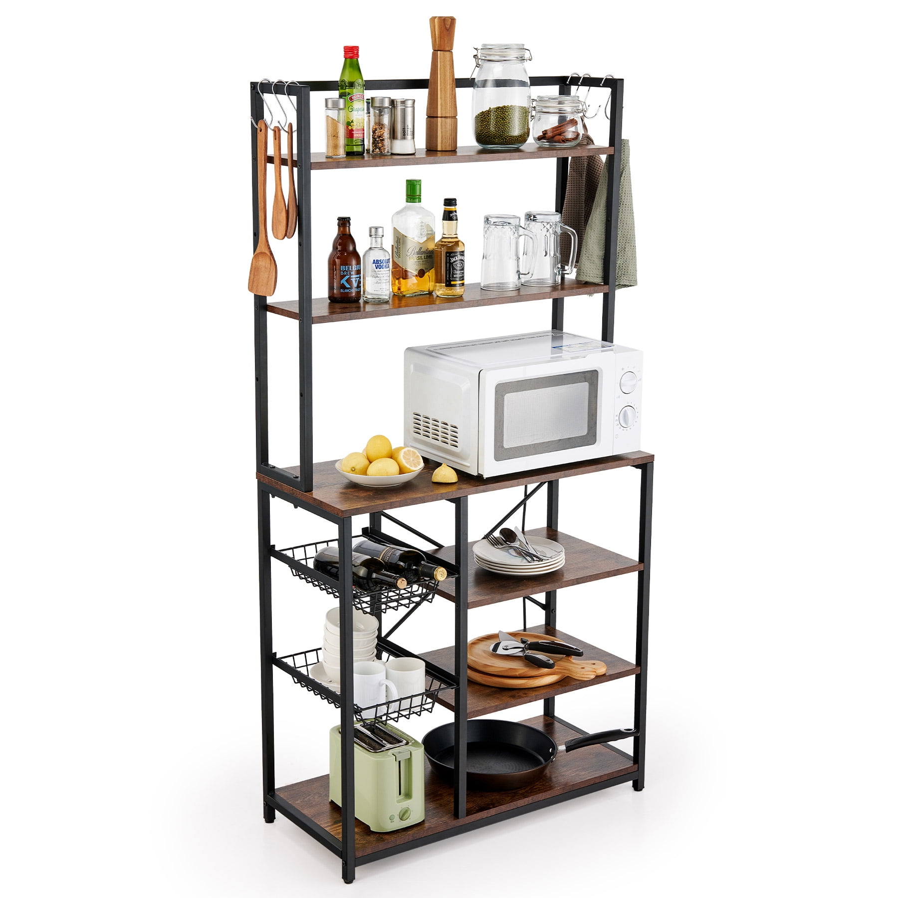 Baker’s Rack 6 Tier Storage Shelf with Baskets & Hooks for Kitchen