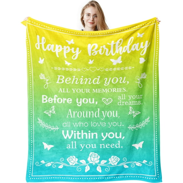 LHSHID Birthday Gifts for Women/Men/Her/Him Blanket Yellow Green&Blue Happy Birthday Decorations Women/Men Throw Blankets Bday Gift for Women/Men Unique Best Birthday Gift Ideas 40"x50"