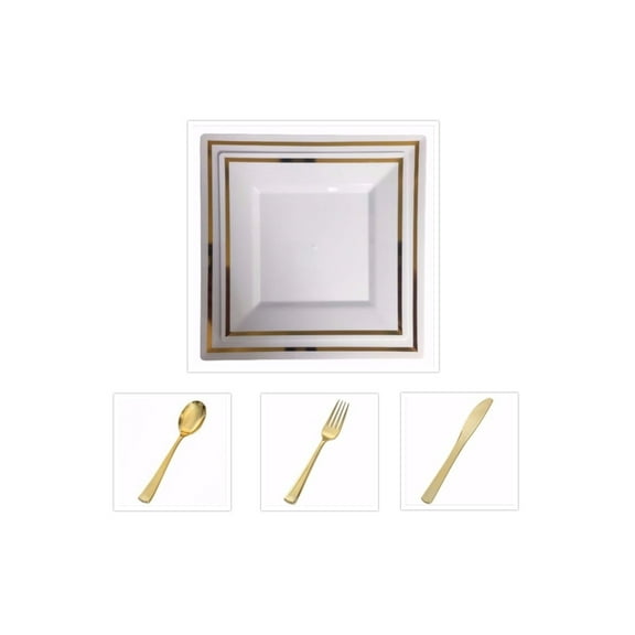 Plexware Square White w/ Gold Band 9.5" Dinner Plates   8" Salad Plates   Cutlery *Party for 60*