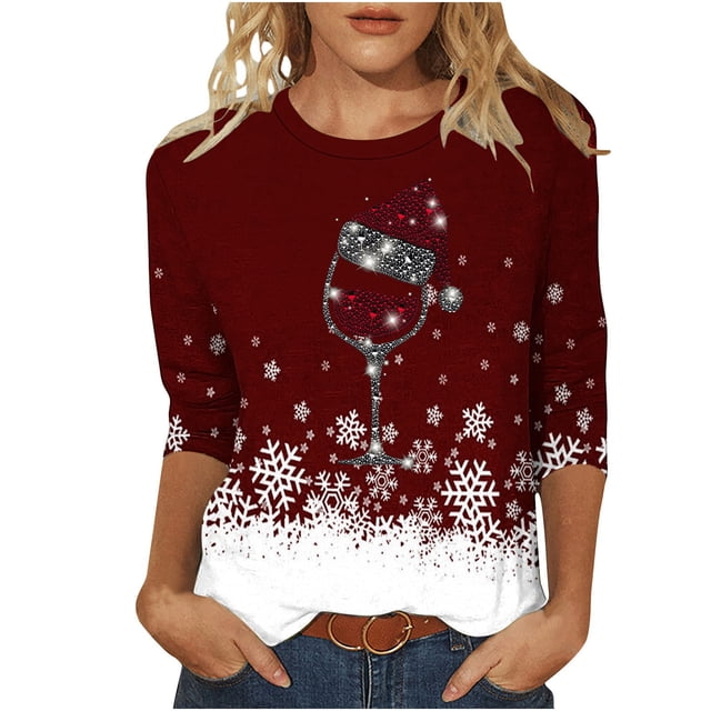 Camisetas de Navidad para Mujeres, 3/4 Manga Cuello Redondo Blusa con Estampado de Vacaciones, Top de Moda Casual