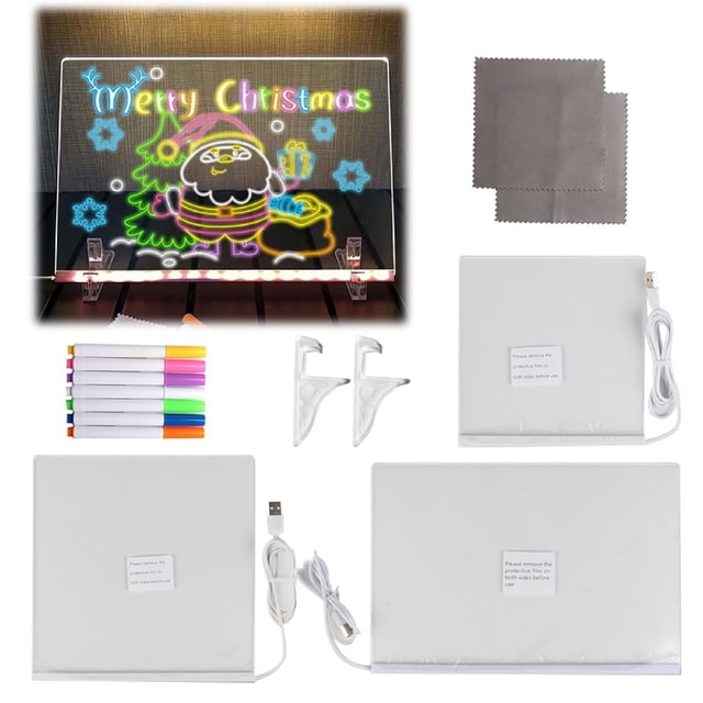 Tableau de Notes LED Coloré, Tableau de Messages LED Créatif Réinscriptible en Acrylique, Tableau de Dessin LED et Support, 20 * 30cm, Inclut 2 Supports, 1 Tableau, 7 Stylos, 2 Chiffons, Grand LED Acrylique