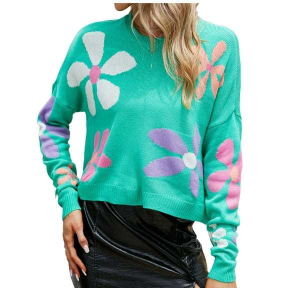 Women's Color Block Sweater Long Sleeve Knit Pullover Loose Fit Crewneck Jumper Casual Print Crop Tops (XL, Green)