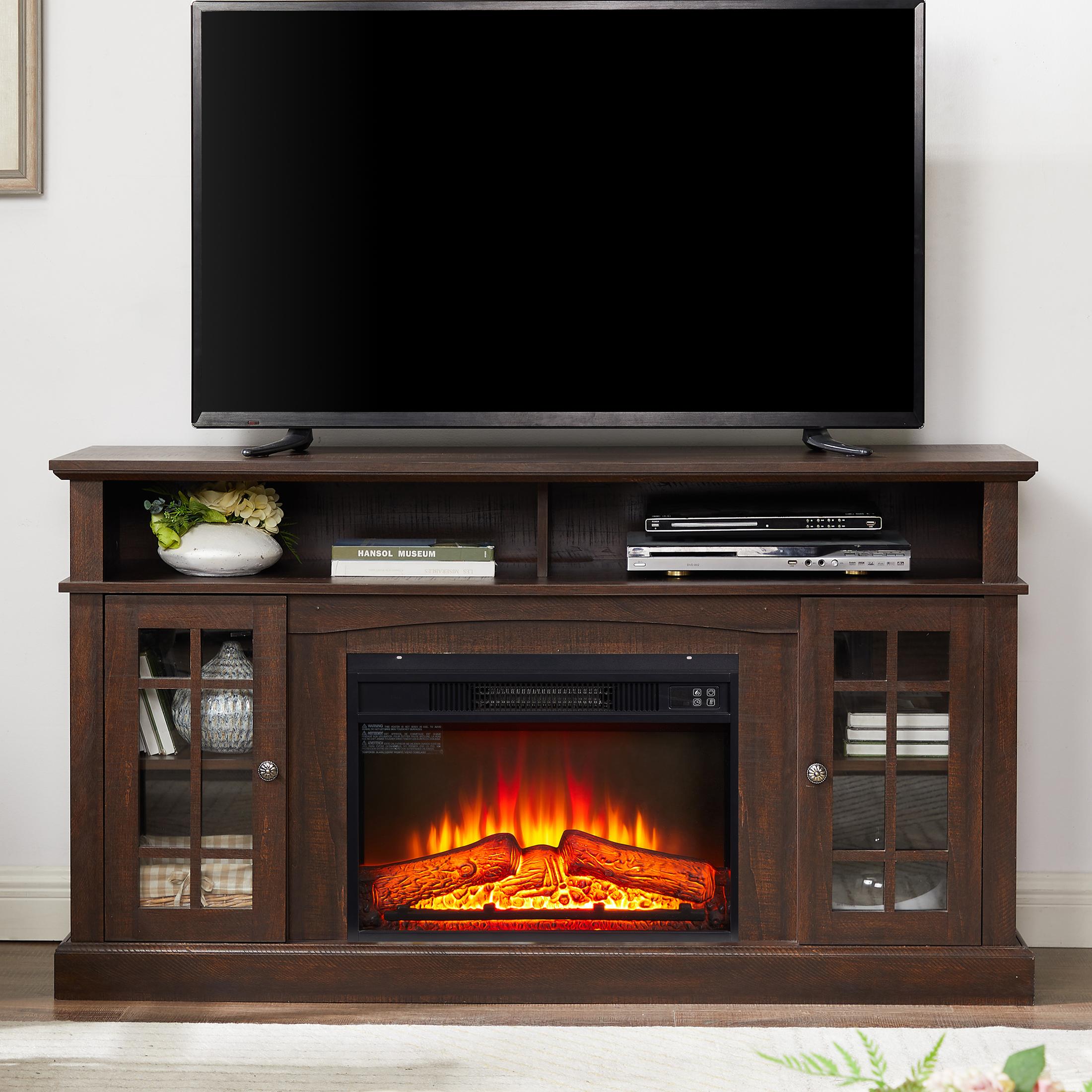 PAPROOS Fireplace TV Stand for 65 Inch TV, Modern Farmhouse TV Cabinet with 23'' Electric Fireplace, Entertainment Center Television Console Table for Living Room, Brown
