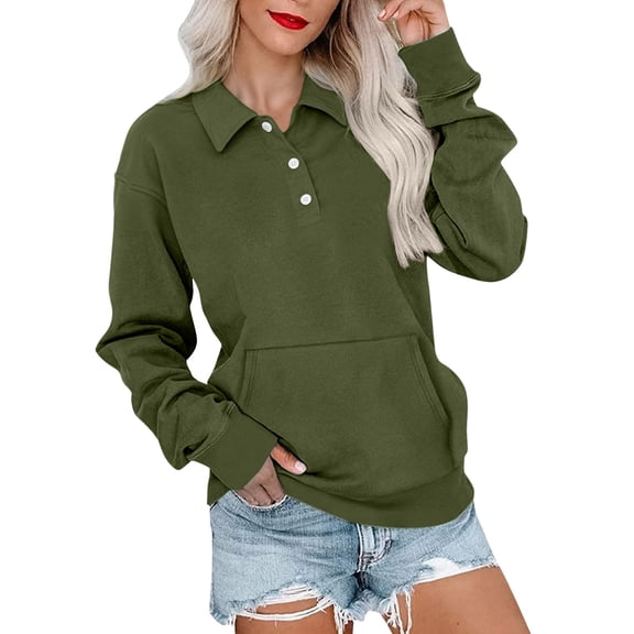 Women's Solid Color Button Front Lapel Collar Pocket Sweatshirt, Long Sleeve Pullover Crewneck Top for 2025 Fall Winter Fashion, Plus Size Casual Wear and Daily Comfort Blackish Green XXL
