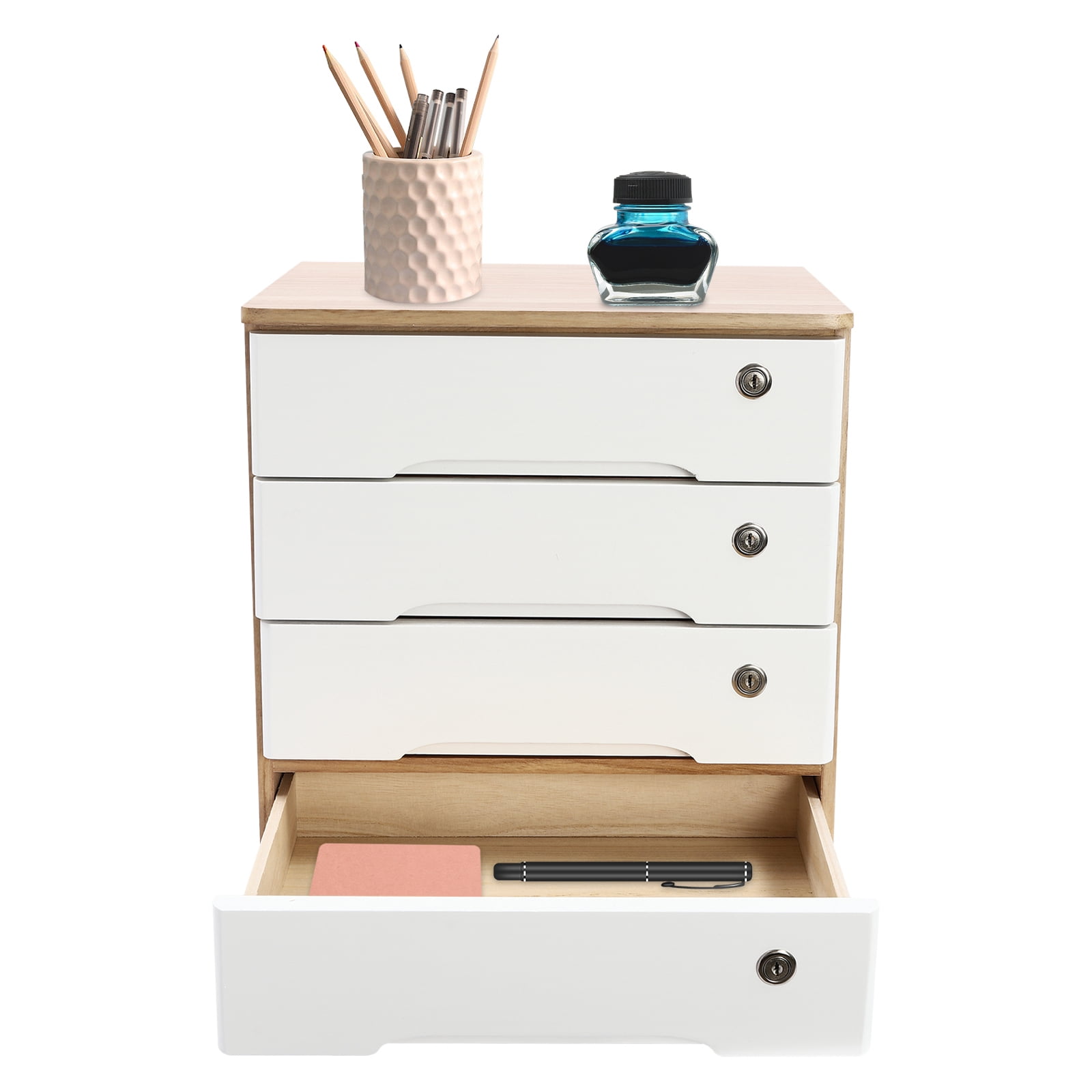 4 Tier Wooden Desktop Storage Box with Lockable Drawers, Office Supplies File Organizer, Art Storage Cabinets, Multipurpose Tool Box for Home Office(Wood Color + White)