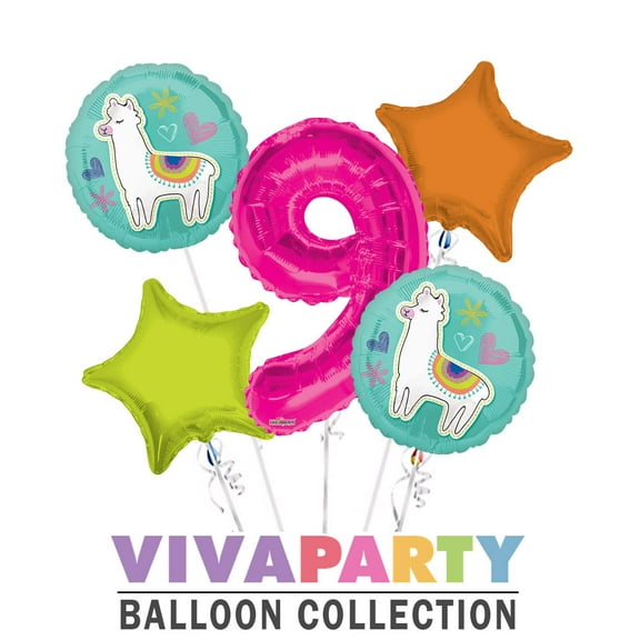Selfie Celebration Llama Round Balloon Bouquet 5 pc, 9th Birthday, Hotpink Number 9 Jumbo Balloon | Viva Party Balloon Collection
