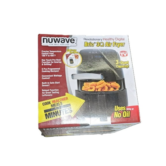 Open Box NUWAVE BRIO 3-Quart Digital Air Fryer cooking package with one-touch digital controls, 6 easy presets
