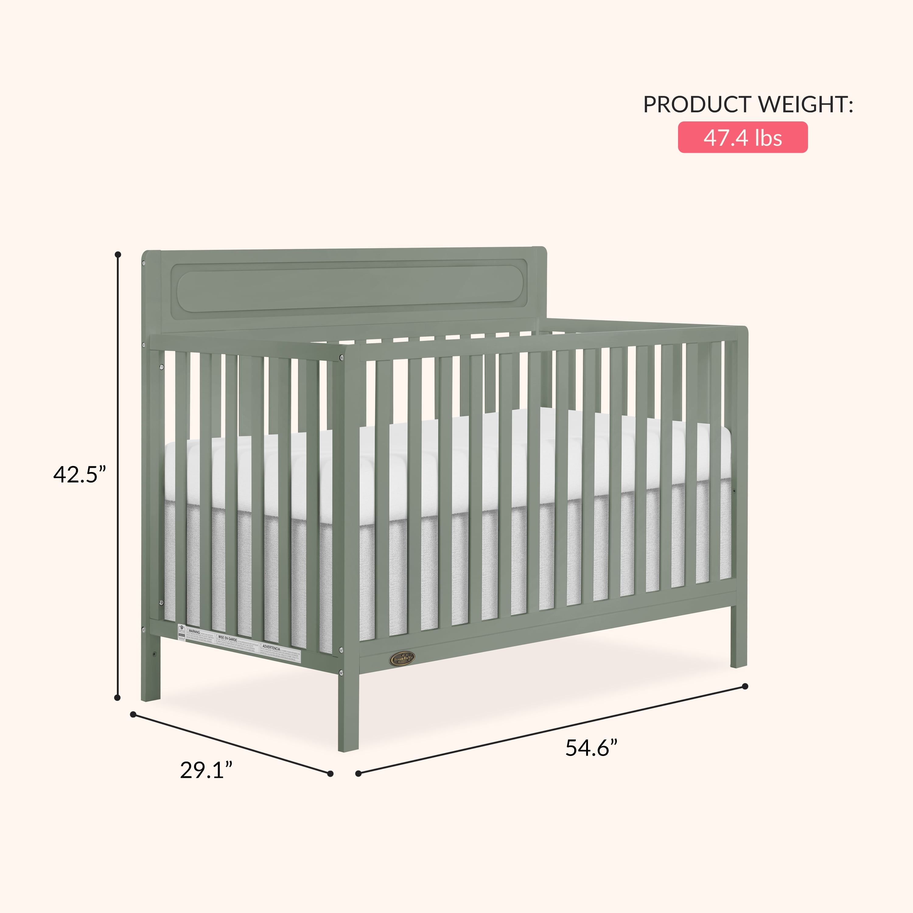 Dream On Me Avery 5-in-1 Convertible Crib, Meadow Green