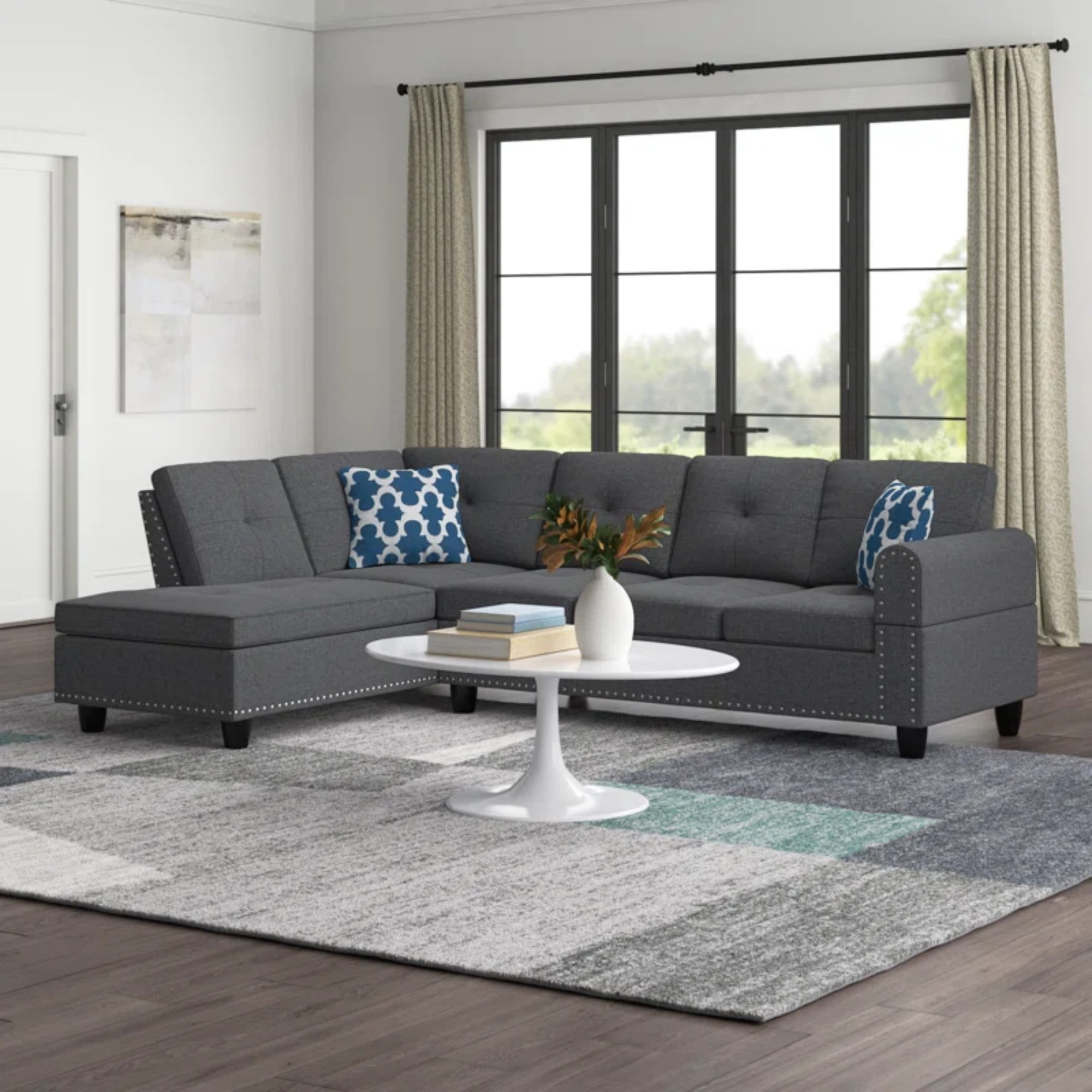 BSHTI 3-Seat Contemporary Linen L-Shaped Sectional Sofa with Chaise, Pull-Down Cup Holders, Toss Pillows for Living Room（Dark Gray）