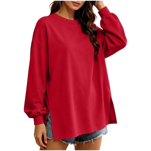 GUACER Crewneck Sweatshirts for Women Side Slit Loose Casual Long Sleeve Tops Layering Essential Fall