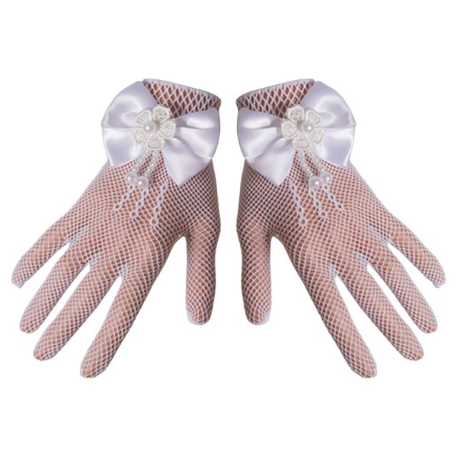 1 Pair Wedding Flower Girl Gloves Romantic See-through Hollow Out Big Bow-knot Fishnet Wedding Decoration Flower Decor Beads Wedding Prom Gloves Kid Gloves