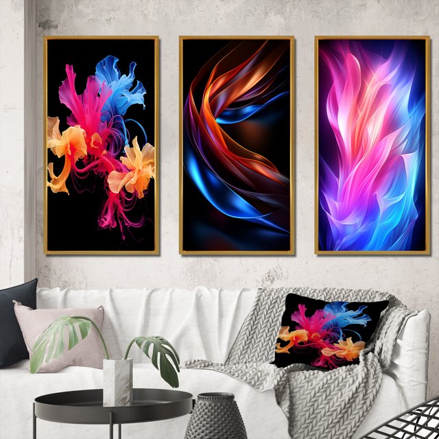 Designart "Liquid Ink Abstraction in Pink, Blue, and Orange" Abstract Liquid Ink Framed Wall Art Set Of 3 - Blue Modern Frame Gallery Wall Set For Home Decor