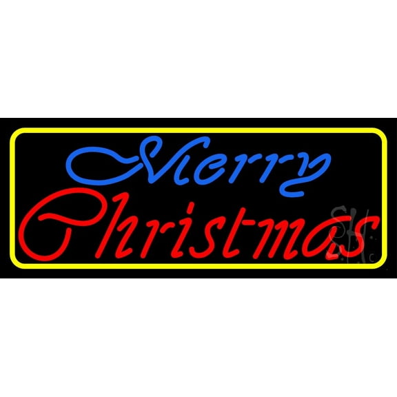 Merry Christmas Yellow Border LED Neon Sign 13 x 32 - inches, Clear Edge Cut Acrylic Backing, with Dimmer - Bright and Premium built indoor LED Neon Sign for special occasion decor.