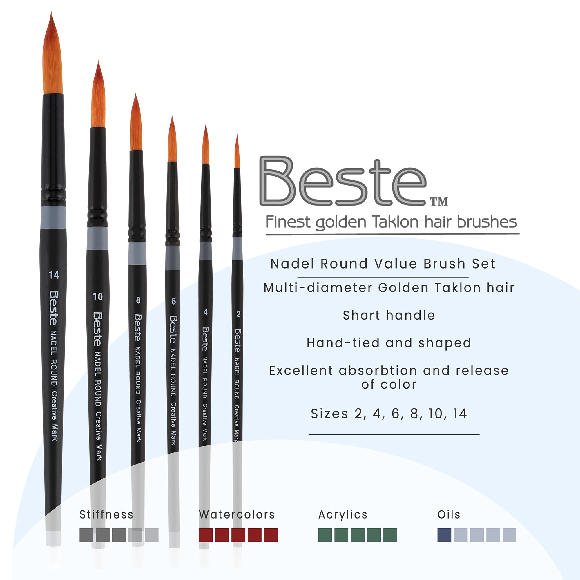 Creative Mark Beste Golden Taklon Nadel Round Set of 6 Artist Brush, Professional Watercolor Brushes, For Acrylic Painting, Short Handle, Sharp Edges, Hand-Tied & Shaped