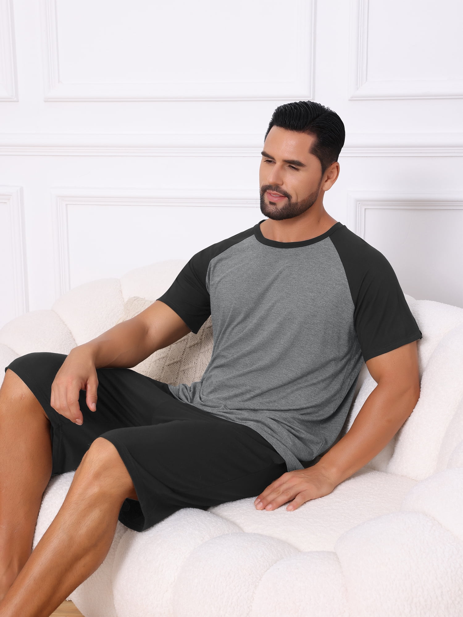 DARING DIVA Men's Sleepwear Pajama Raglan Crew Neck Drawstring Pajama Set XL Black Gray
