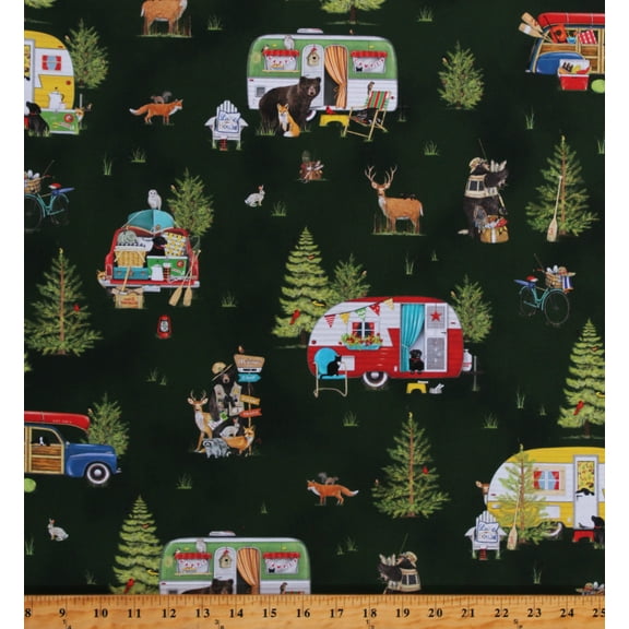Cotton Lake House Camping Campers Forest Woods Wildlife Travel Green Cotton Fabric Print by the Yard (AMKD-21158-44FOREST)