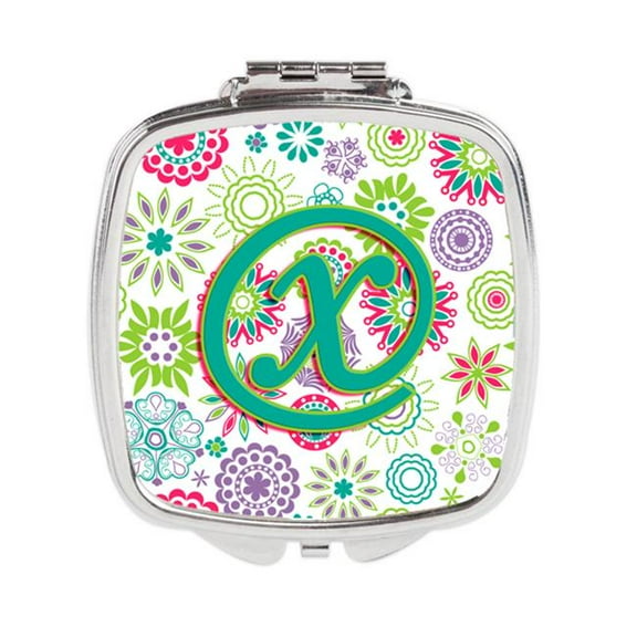 Letter X Flowers Pink Teal Green Initial Compact Mirror