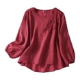 thumbnail image 2 of Oversized Tshirts for Women, Fashion Casual Solid Color Embroidered Cotton Linen Tops, Red M, 2 of 9