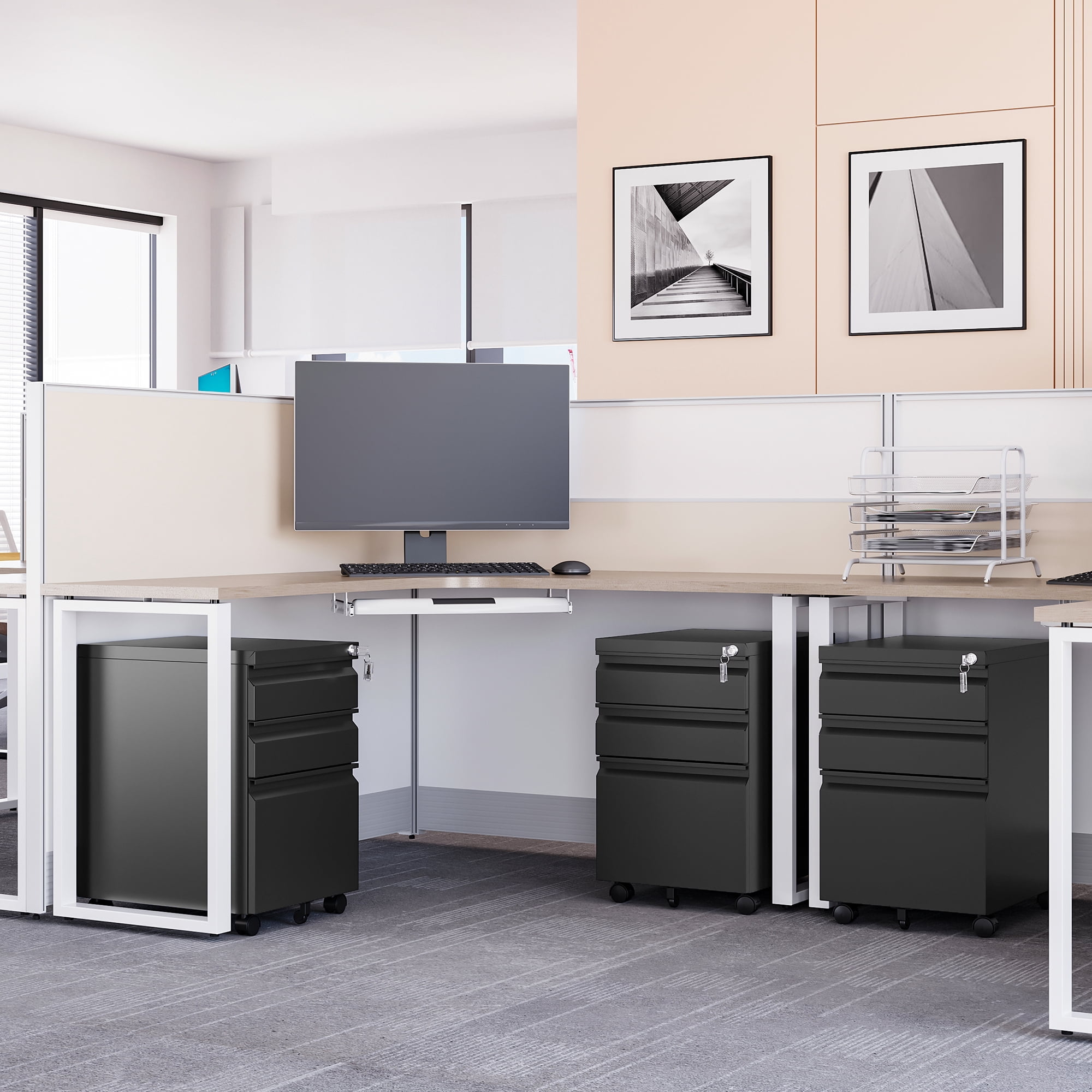 AUHUP 3 Drawer Mobile File Cabinet with Lock, Metal Filing Cabinet with Wheels for Legal/Letter/A4 File, Under Desk File Cabinets for Home Office,Black,Fully Assembled