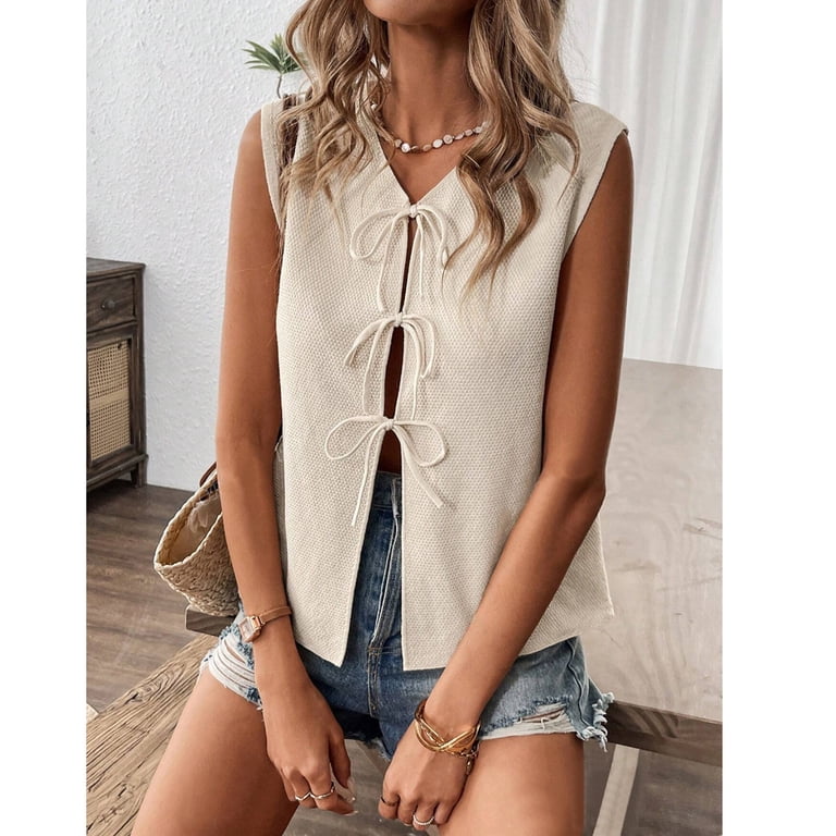 JGGSPWM Women's Tie Front Sweater Vest Summer Sleeveless Crochet