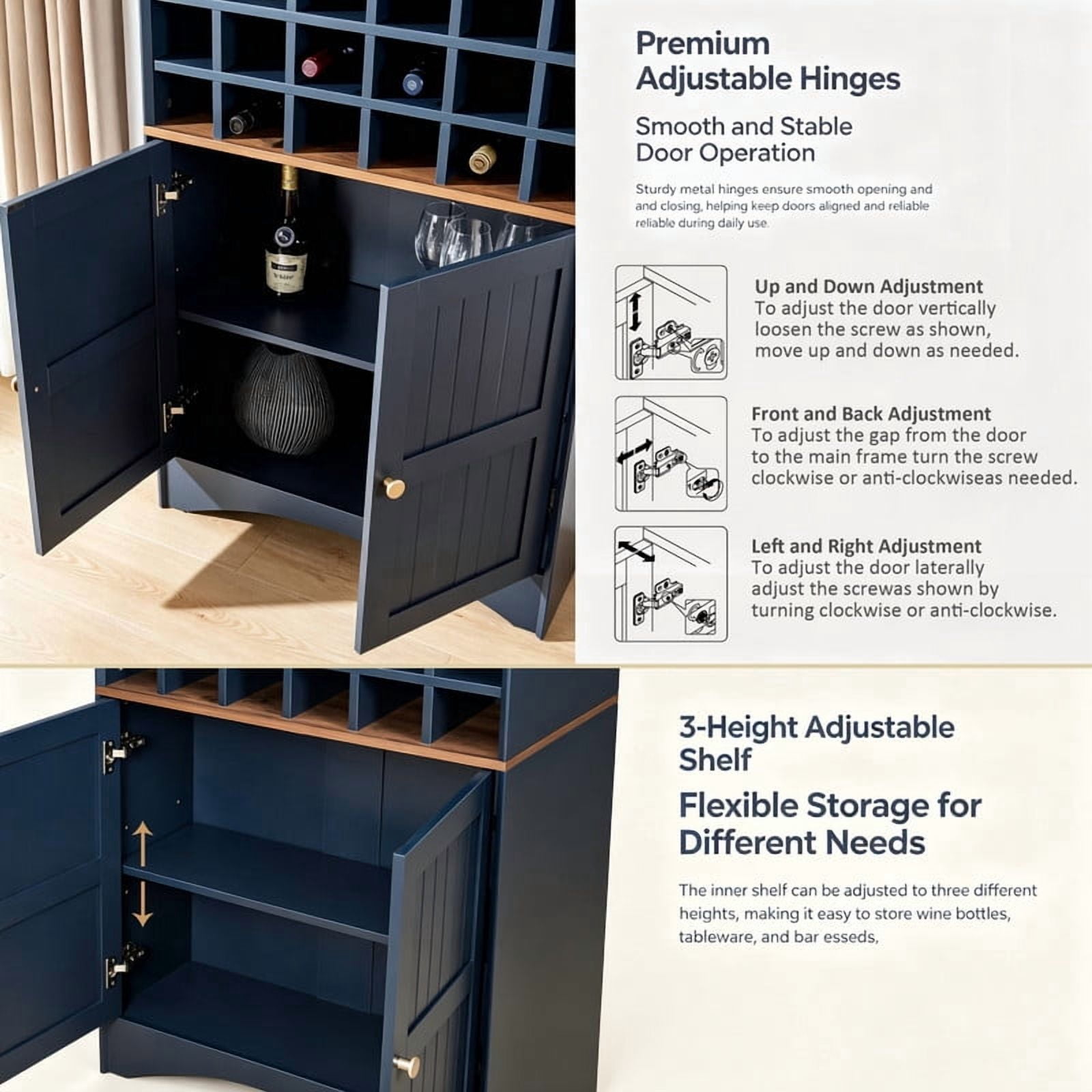 Arched Bar Wine Storage Liquor Cabinet with Removable Wine Grid, Freestanding Bookcase with Adjustable Shelves