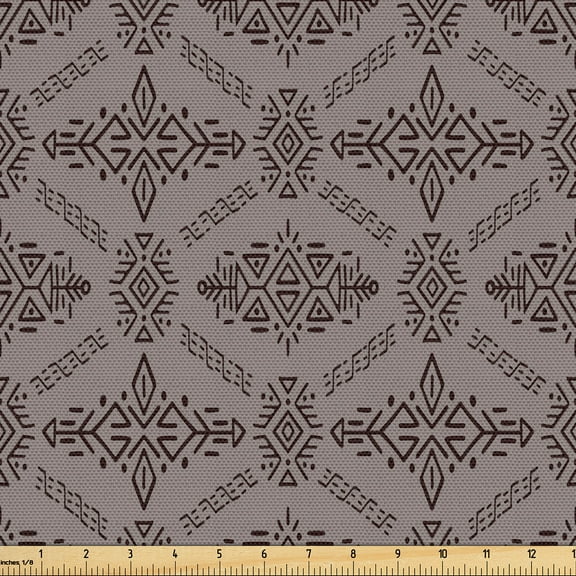 Ambesonne Ethnic Fabric by the Yard Upholstery, Minimal Earthy Folk Forms, 10 Yards, Taupe Dark Brown