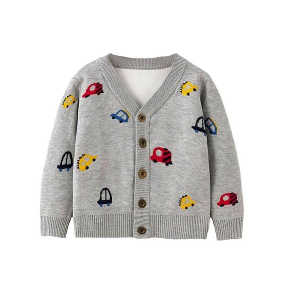 Bobifish Boys Gray V-Neck Cardigan Sweater Colorful Car Pattern Button Down Sweater Long Sleeve Knitted Soft Casual Kids Daily Outerwear