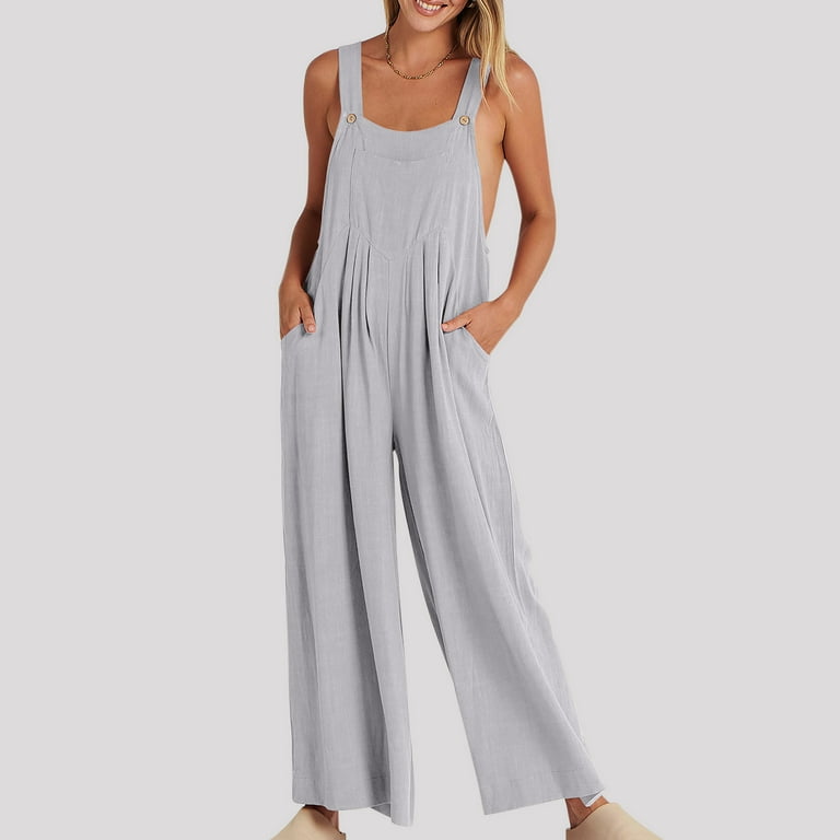 Women's Cotton Linen Bib Overalls Wide Leg Pants Rompers Summer