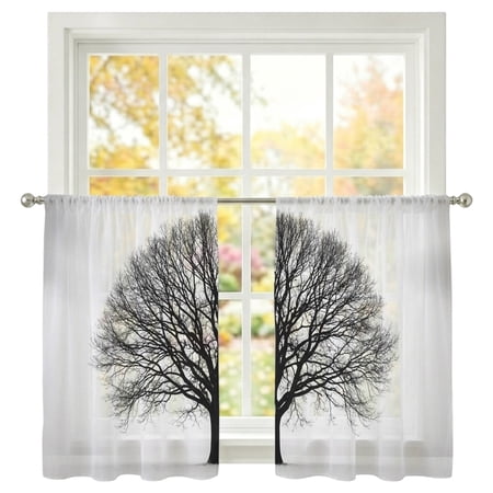 Bare Oak Tree Sheer Curtains 54 Inches Long 2 Panels Rustic Minimalist Black White Branch Network Semi Sheer Rod Pocket Window Curtains Light Filtering Drapes for Living Room Bedroom