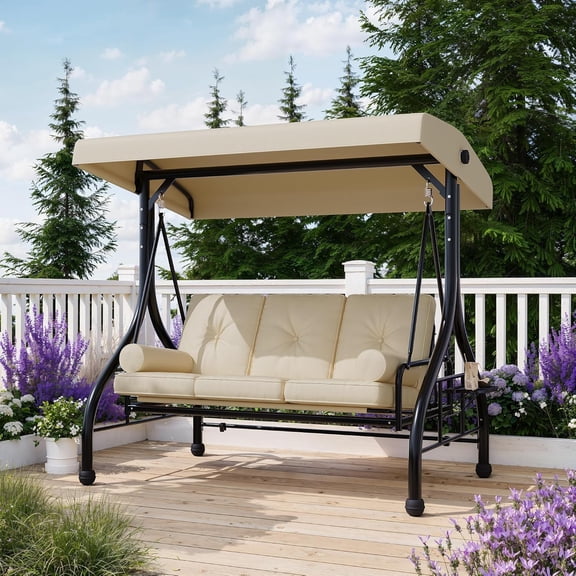 Garvee Heavy Duty 800 lbs 3-Seat Outdoor Porch Swing Chair with Stand and Adjustable Canopy, Garden Patio Swing Bench with Cup Holder Tray Cushions – Khaki
