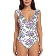 thumbnail image 2 of Yiaed Violets Flowers Print Women's Ruffled One Piece Swimsuit V Neck Swimwear Slimming Monokini for Woman-XX-Large, 2 of 8