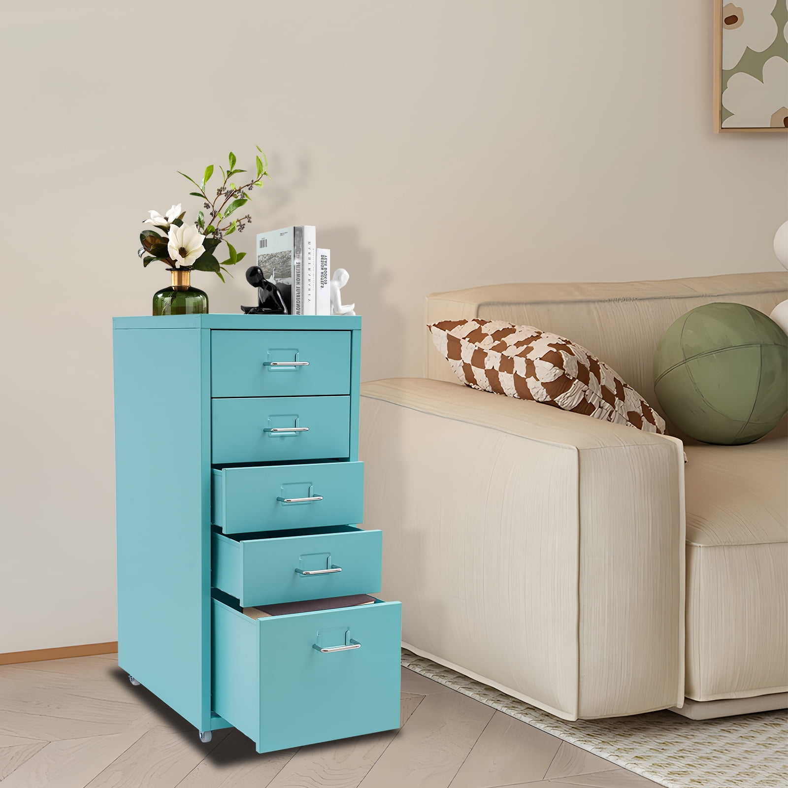 Miumaeov 5-Drawer Metal Storage Cabinet Movable File Cabinet with Wheels for Living Room Office Study  16" D x 11" W x 27" H